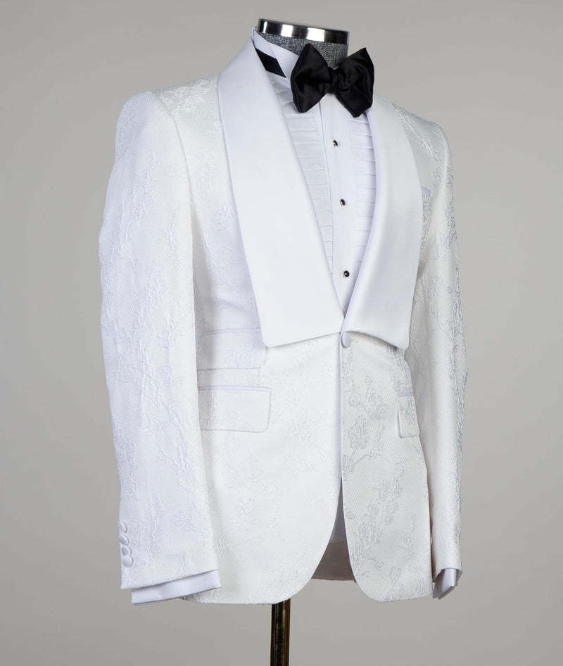 Dennis White Jacquard Shawl Lapel Three-Piece Men's Suits for Wedding