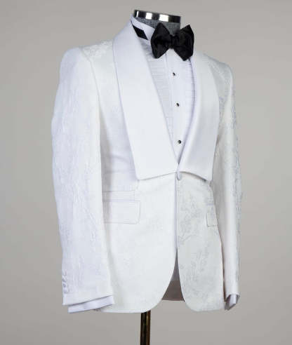 Dennis White Jacquard Shawl Lapel Three-Piece Men's Suits for Wedding