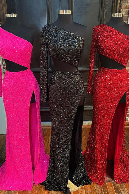 Long Red Sequined Prom Dress with Silt One Shoulder Sheath