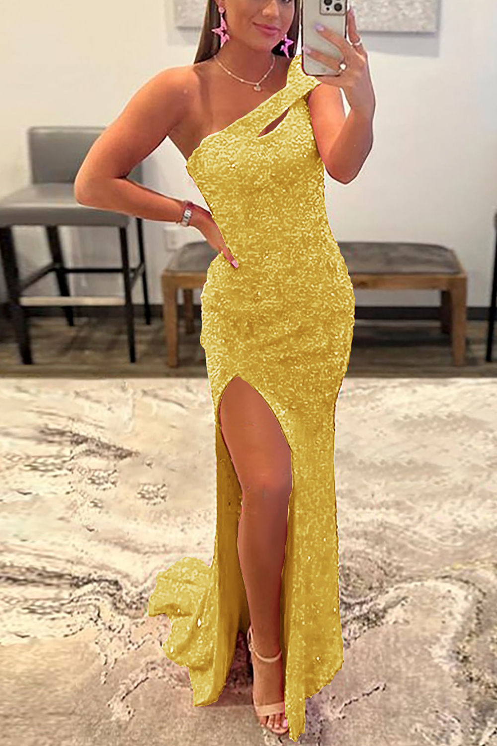 Sequined One-Shoulder Prom Dress in Fuchsia