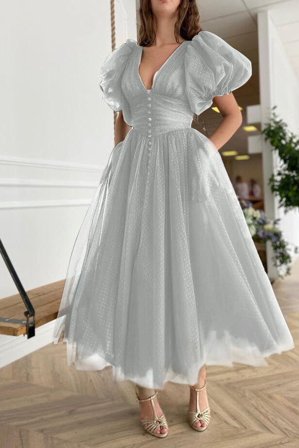 Dark Green Evening Dress A-Line With Short Sleeves V-Neck