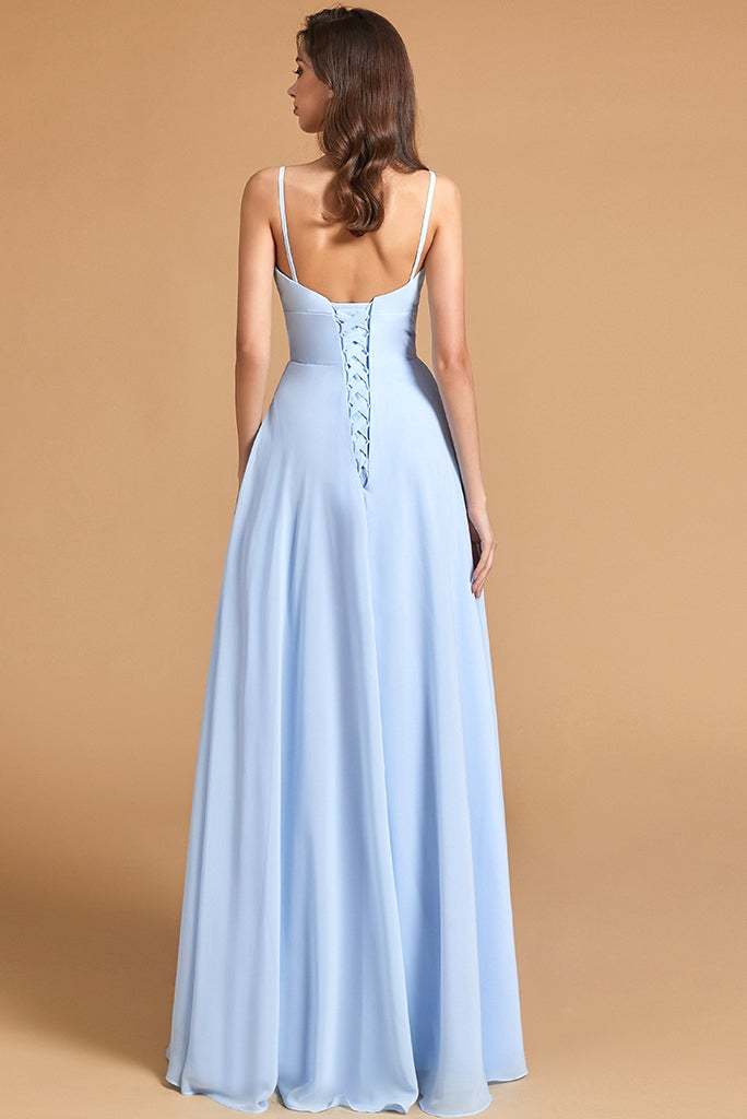 V-Neck Spaghetti-Straps Split Bridesmaid Dress with Pockets