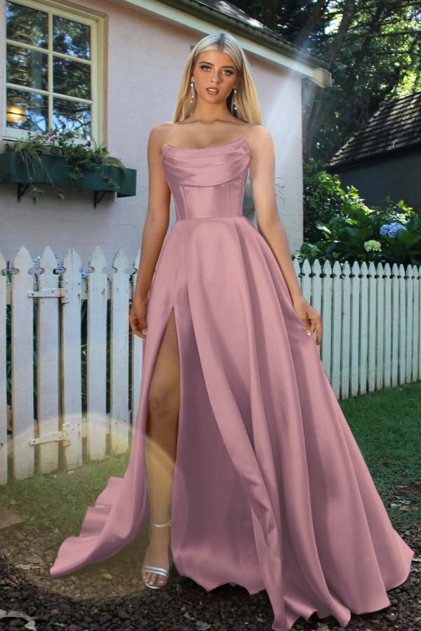 Strapless Sleeveless A Line Long Formal Dress With Split Pleated