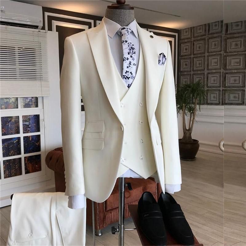 Caiden White Peaked-Lapel Bespoke Three-Piece Men's Suits for Weddings