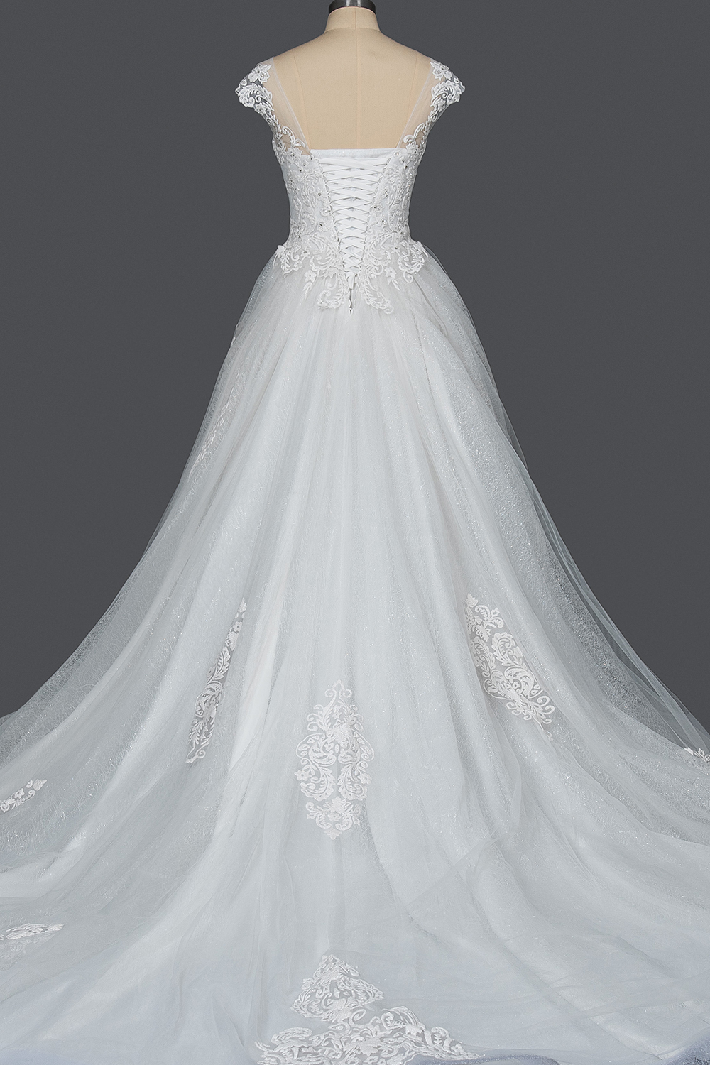 Stunning Cap Sleeve Ball Gown Sheer Tulle Wedding Dress with Lace V-Neck