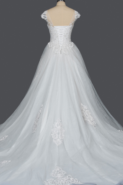 Stunning Cap Sleeve Ball Gown Sheer Tulle Wedding Dress with Lace V-Neck