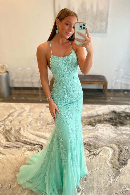 Long Blue Prom Dress with Mermaid Spaghetti Straps and Backless Design