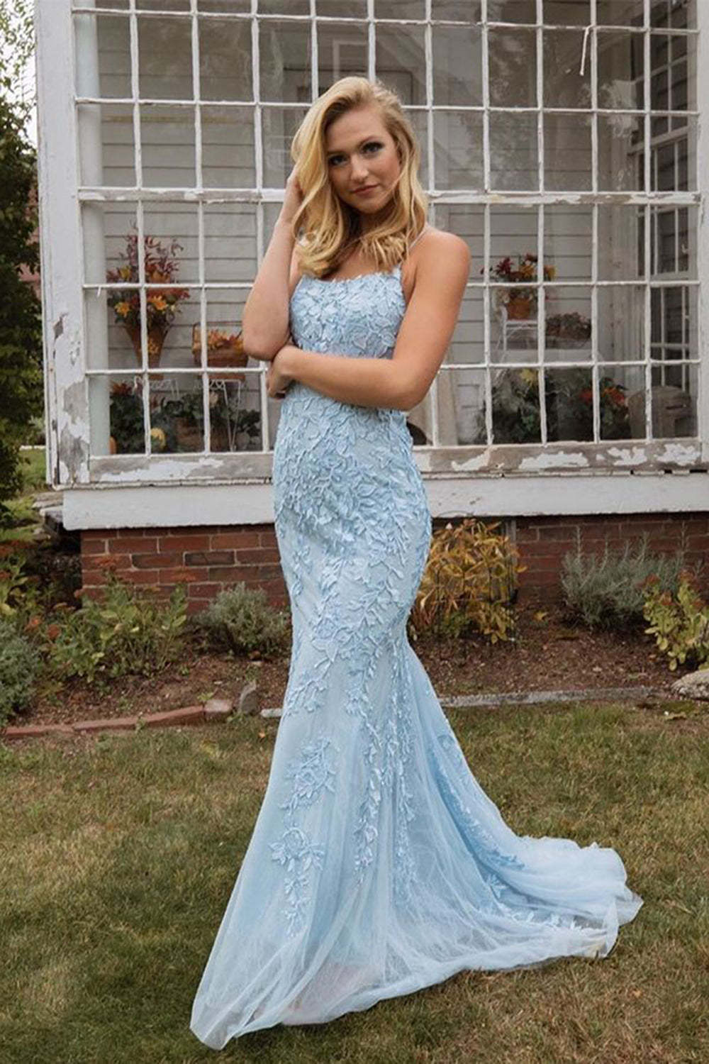 Backless Prom Dress with Blue Spaghetti Straps