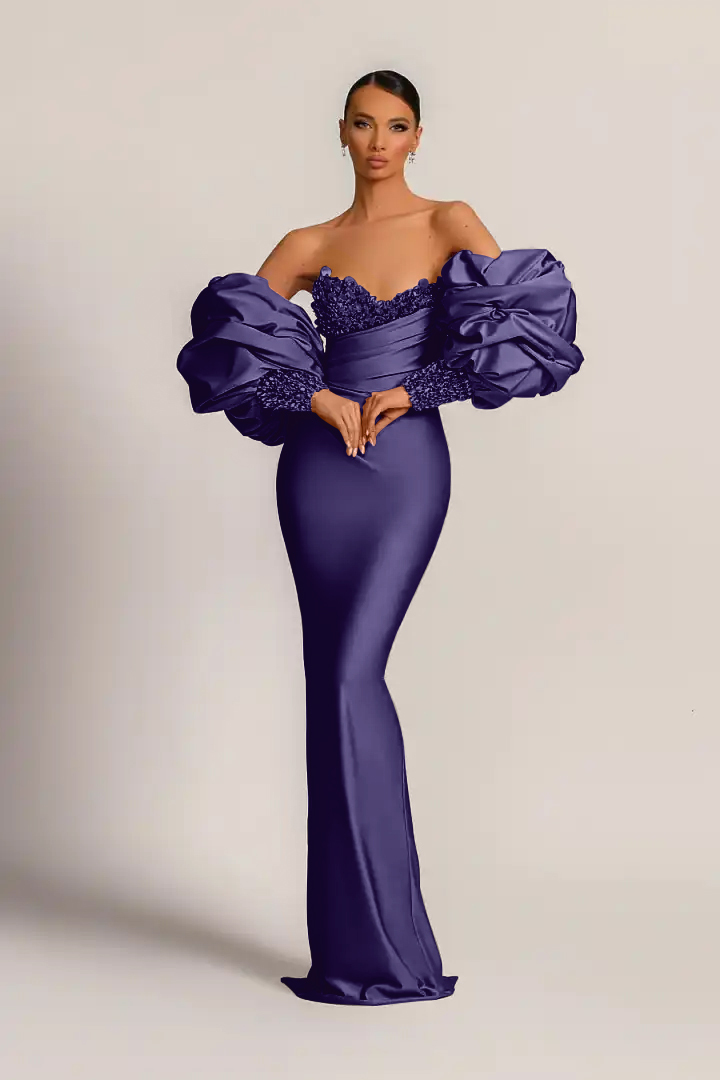 Charming Purple Strapless Mermaid Long Formal Dress With Appliques Puff Sleeves
