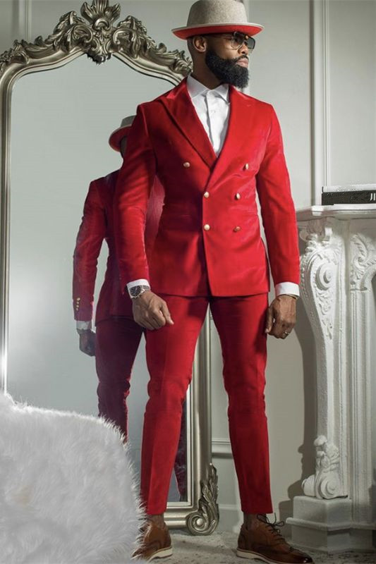 Gorgeous Bespoke Double-Breasted Red Velvet Peaked Lapel Prince Suit for Groom