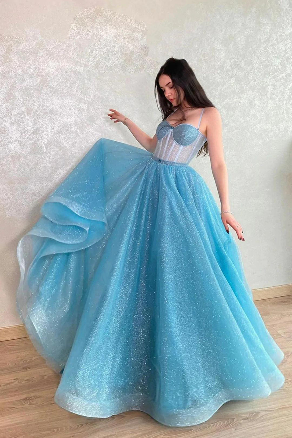 Light Blue Sequins Long Prom Dress with Bling A-Line Spaghetti Straps