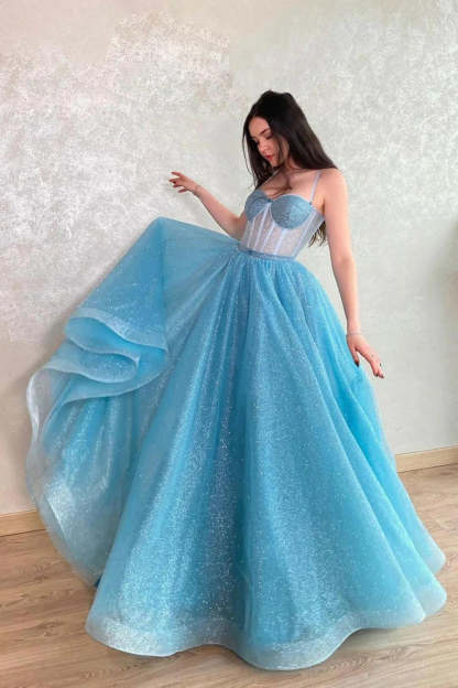 Light Blue Sequins Long Prom Dress with Bling A-Line Spaghetti Straps