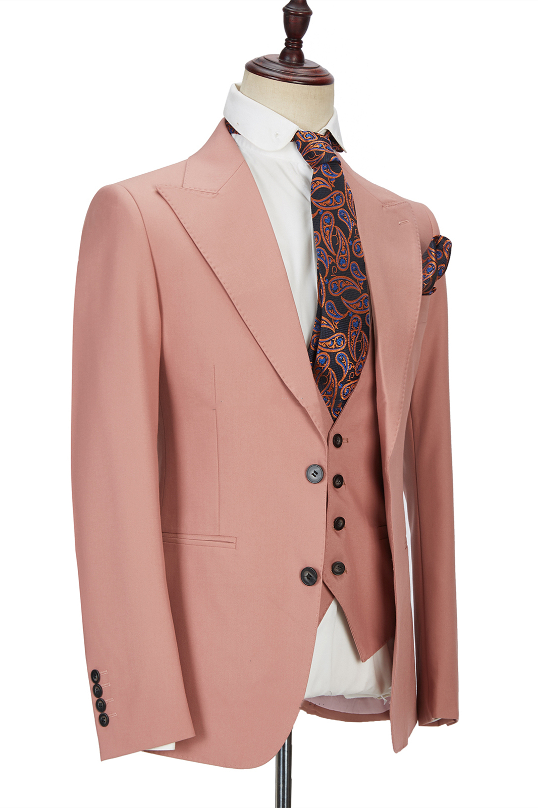 Stylish Ivan Coral Pink Three-Piece Two-Button Peak-Lapel Men's Suit