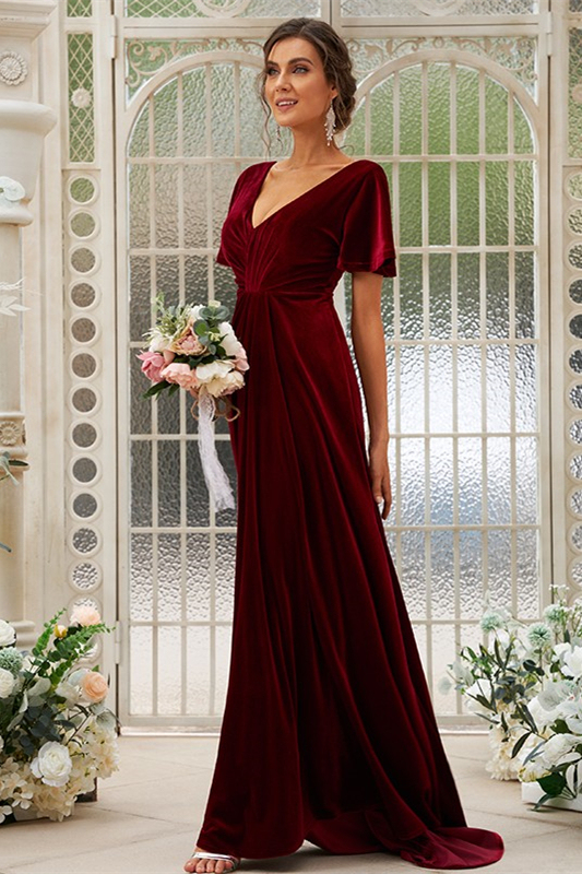 Velvet Short Sleeves Long Bridesmaid Dress