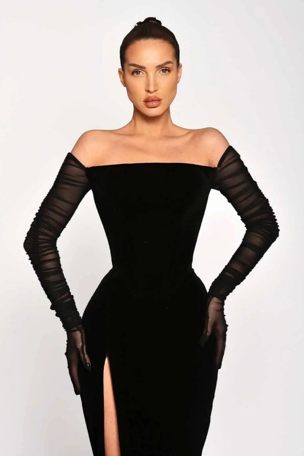 Black Long Sleeves Split Strapless Evening Dress