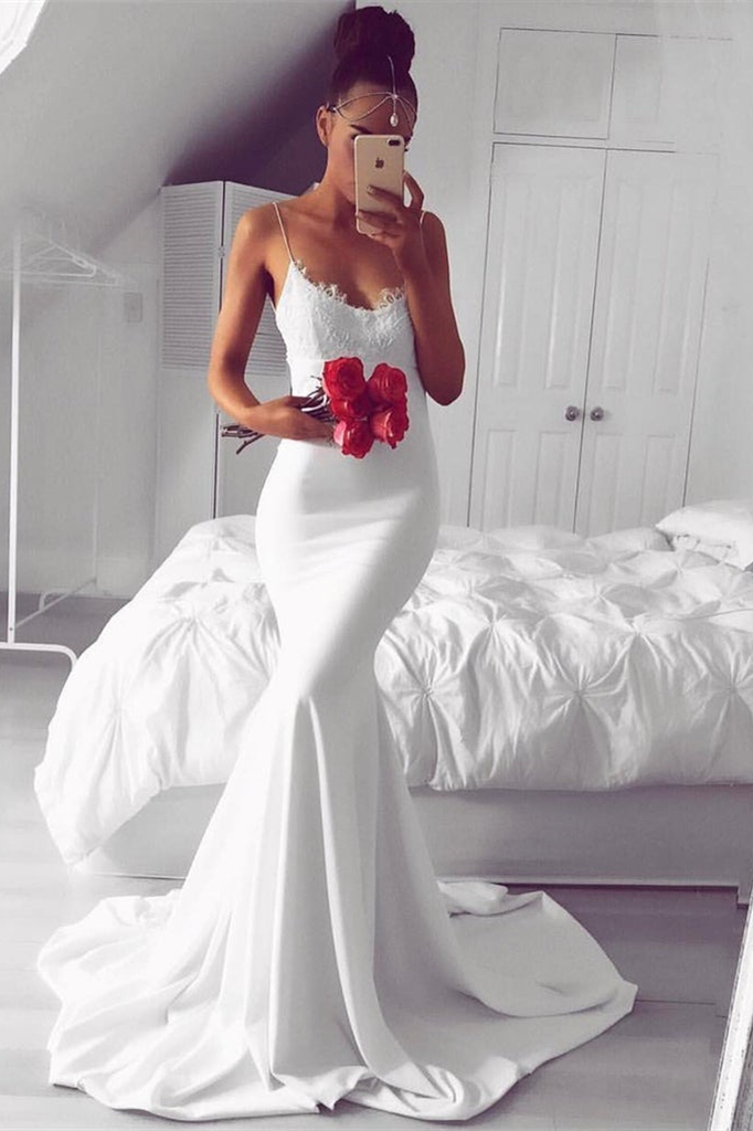 White Spaghetti-Straps Mermaid Long Evening Dress