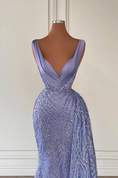 Charming Violet V Neck Mermaid Formal Dress With Beadings Sequins