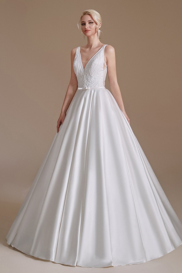 Charming A-Line V-Neck Satin Long Wedding Dress with Appliques Lace