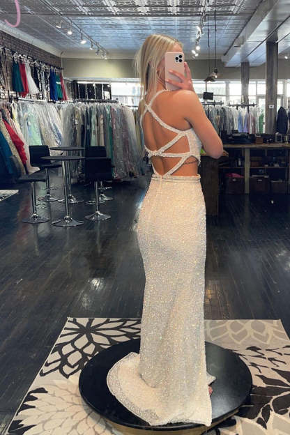 Prom Dress with Fuchsia Sequins and Criss Cross Straps