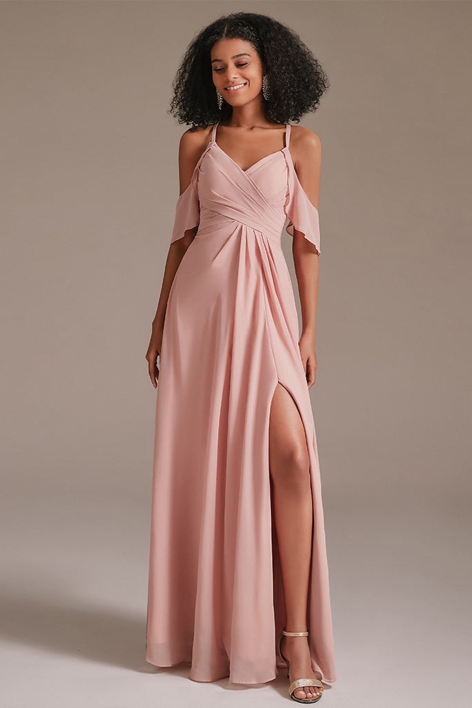 Pink Chiffon Long Bridesmaid Dress Split