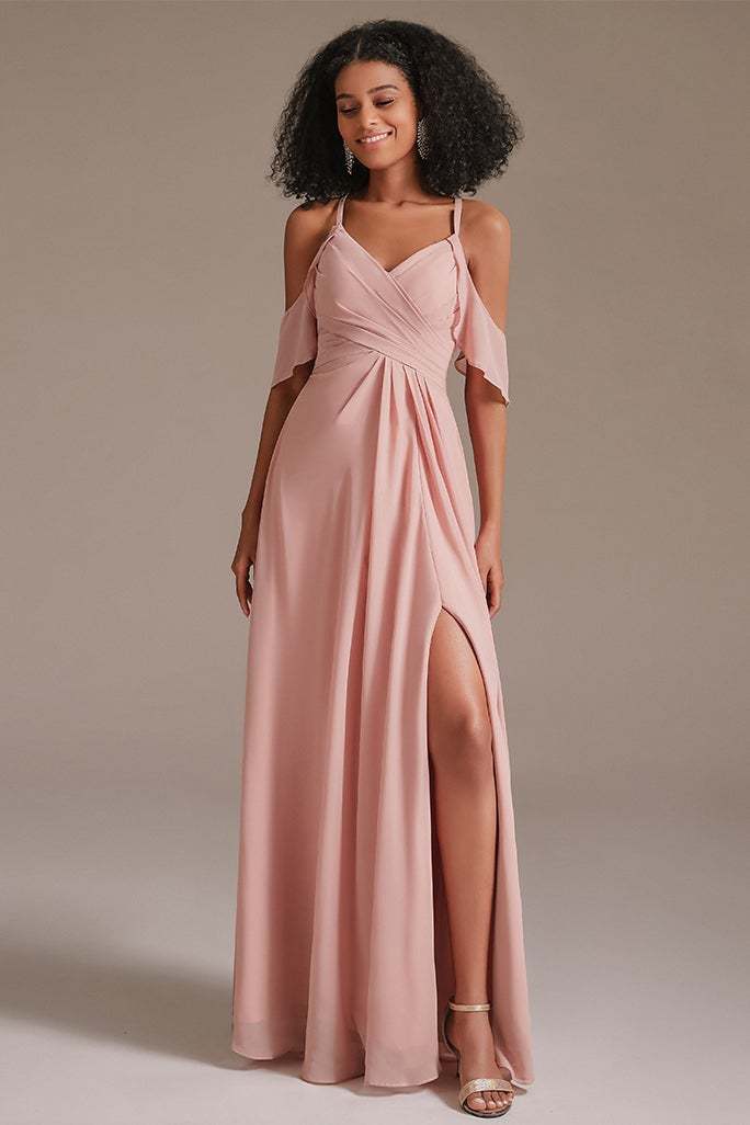 Pink Chiffon Long Bridesmaid Dress Split
