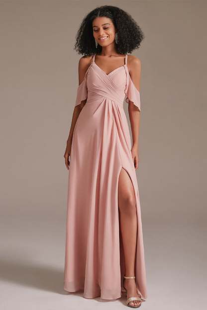 Pink Chiffon Long Bridesmaid Dress Split