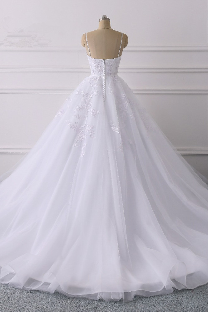 Vintage Spaghetti-Straps Tulle V-Neck Wedding Dress with Appliques Lace