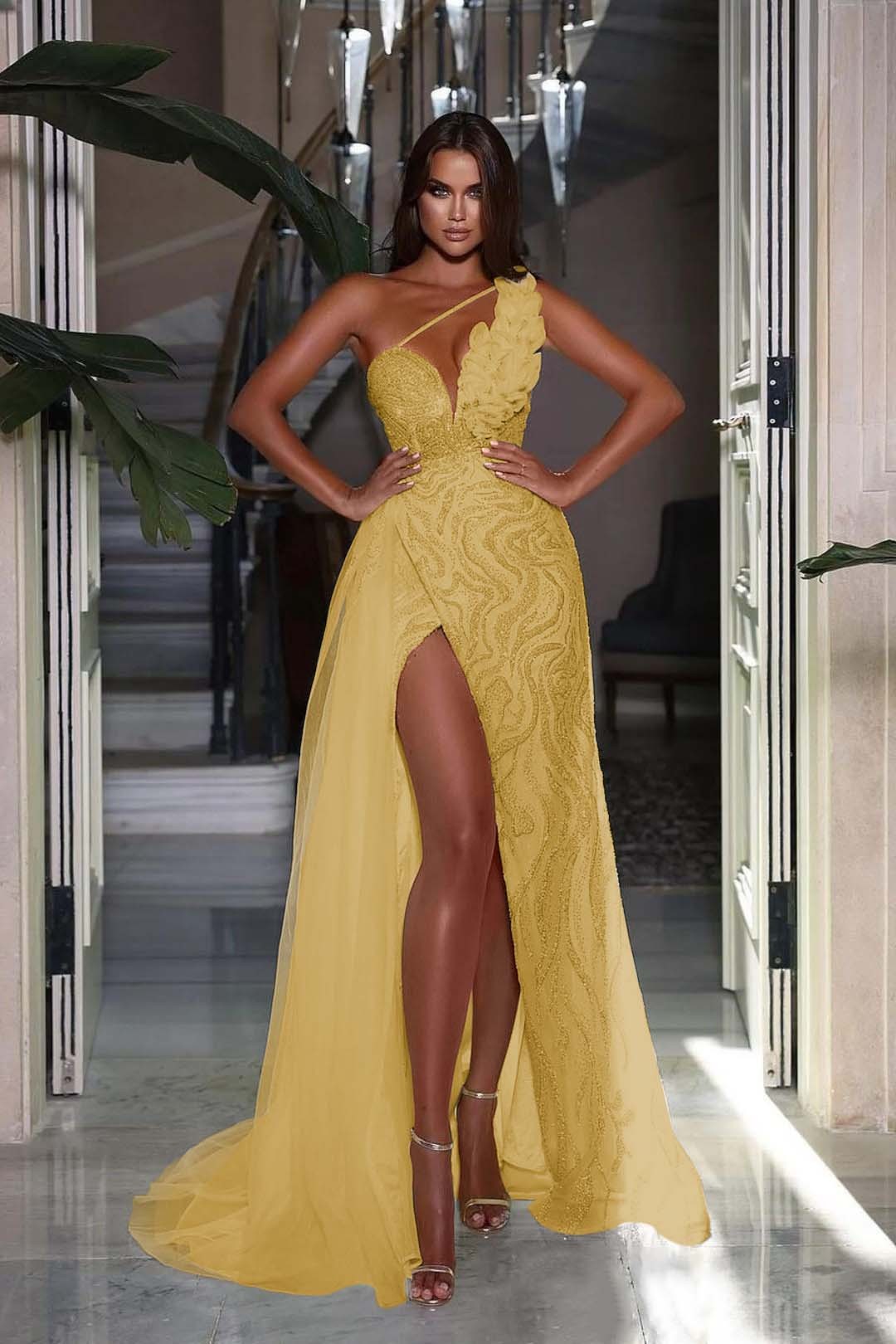 Heavy Sequins Formal Dress Sleeveless One Shoulder With High Slit