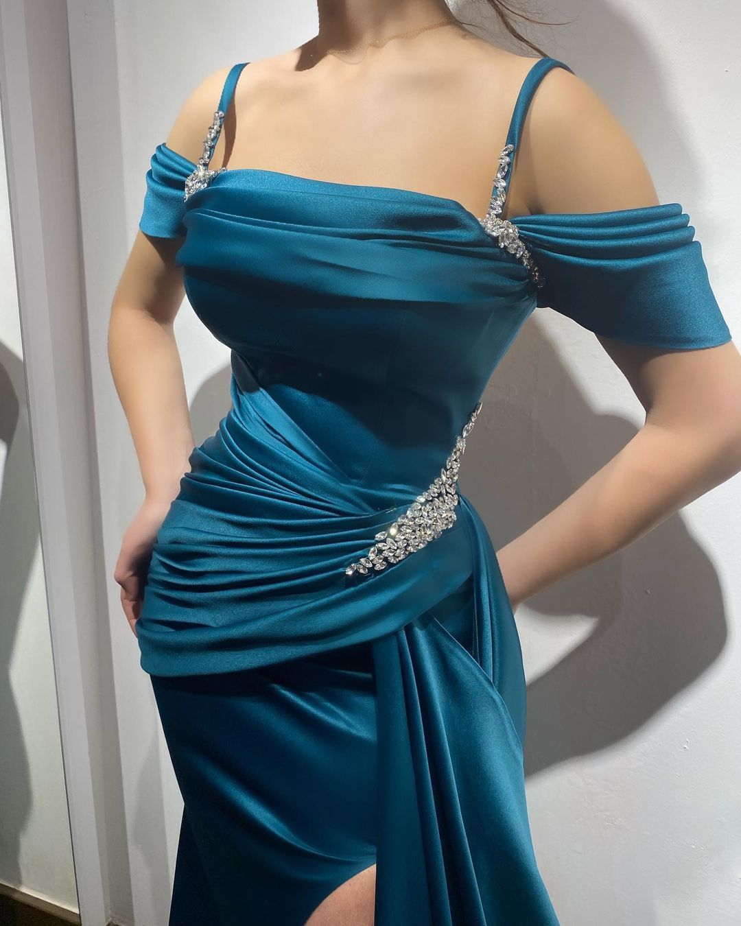 Ink Blue Formal Dress Spaghetti Strap With Sleeveless High Split