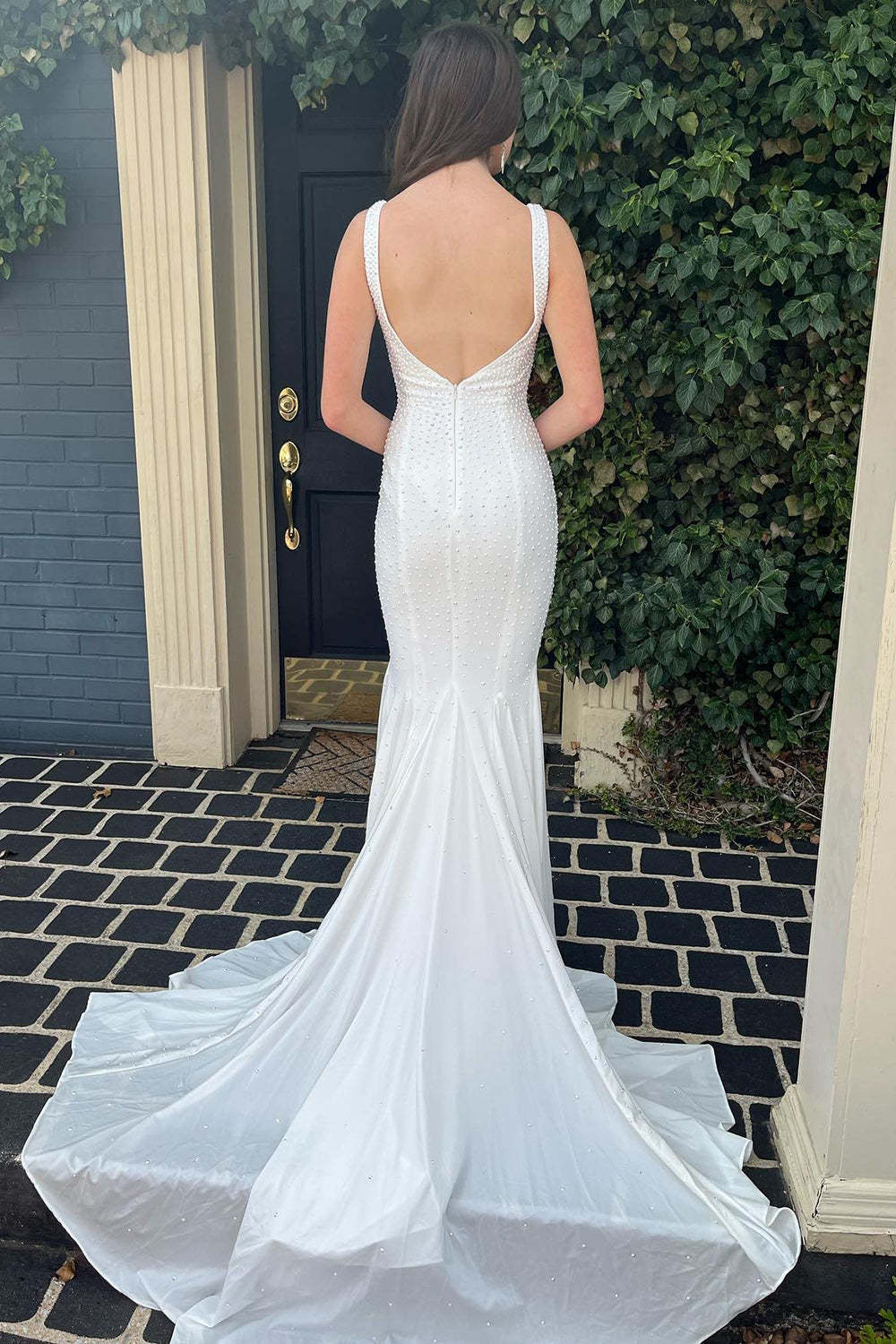 White Long Prom Dress with Beading in a Mermaid Deep V Neck
