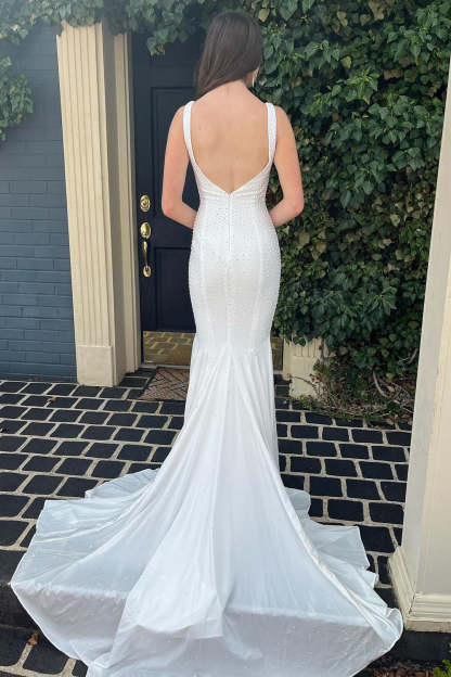 White Long Prom Dress with Beading in a Mermaid Deep V Neck