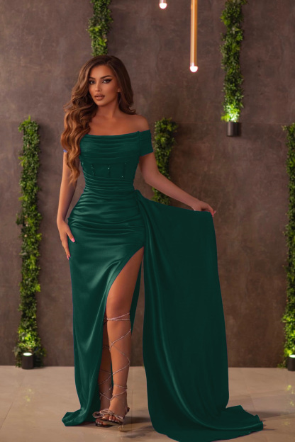 Royal Blue Off-the-Shoulder Split Evening Dress With Ruffles