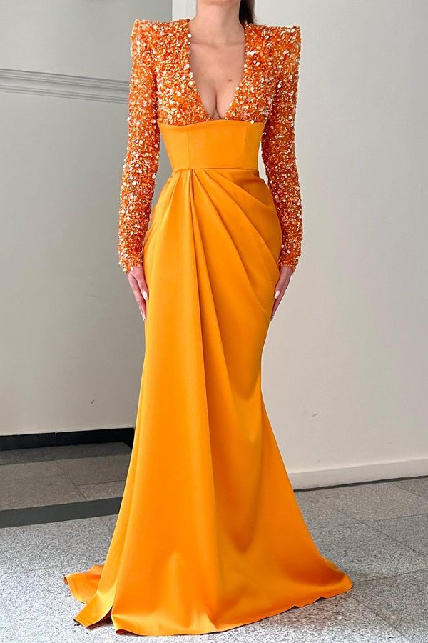 Orange Glamorous V-Neck With Sequins Evening Dress