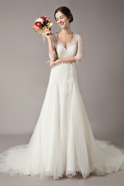 Lace Beach Half-Sleeves Wedding Dress