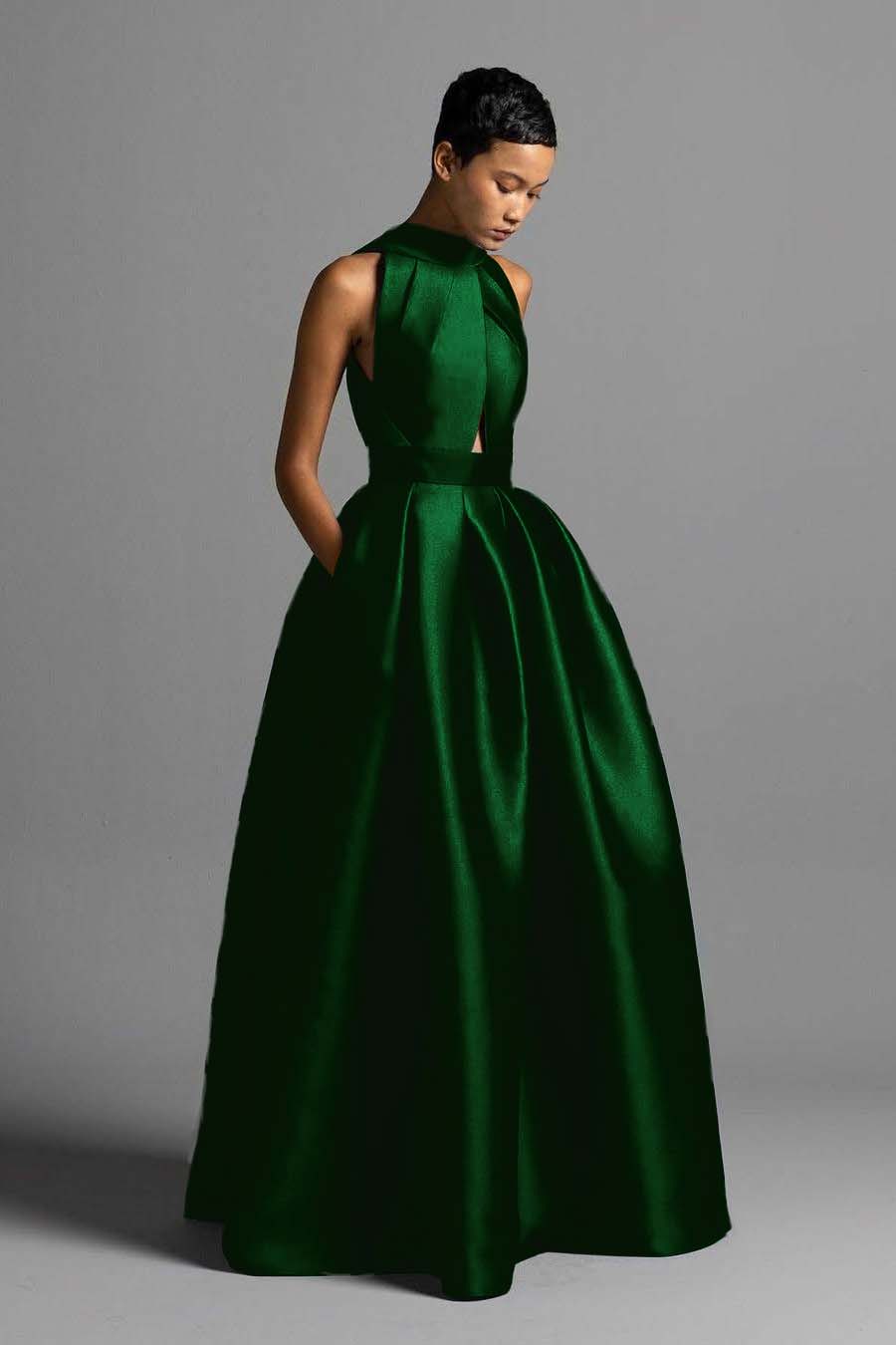 Halter Sleeveless High Waist Long Formal Dress With Pocket Pleated