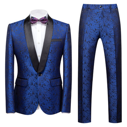 Slim Fit Royal Blue Shawl Lapel One-Button Jacquard Wedding Tuxedo