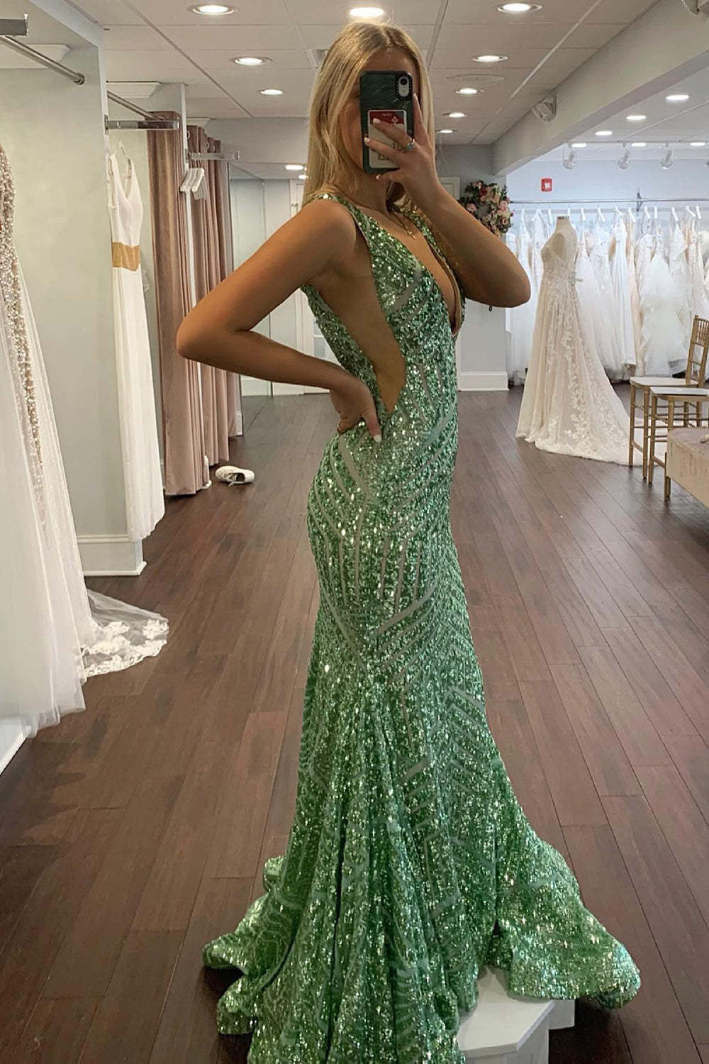 Deep V Neck Sequin Mermaid Prom Dress in Mustard Green