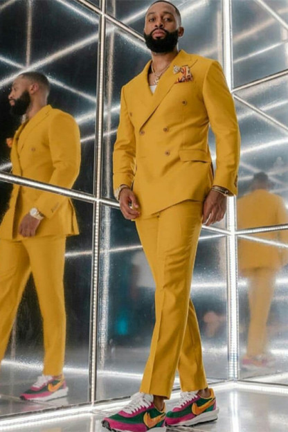 Stylish Slim Fit Yellow Double-Breasted Prom Attire for Guys