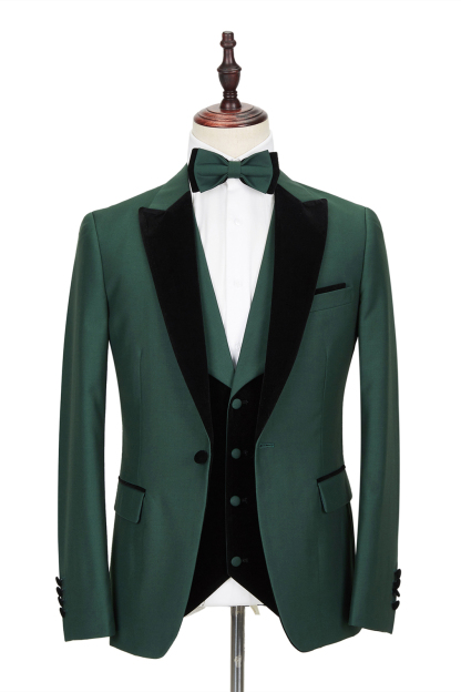Dark Green Men's Wedding Suit Velvet Banding Edge Formal Suit with Black Peak Lapel