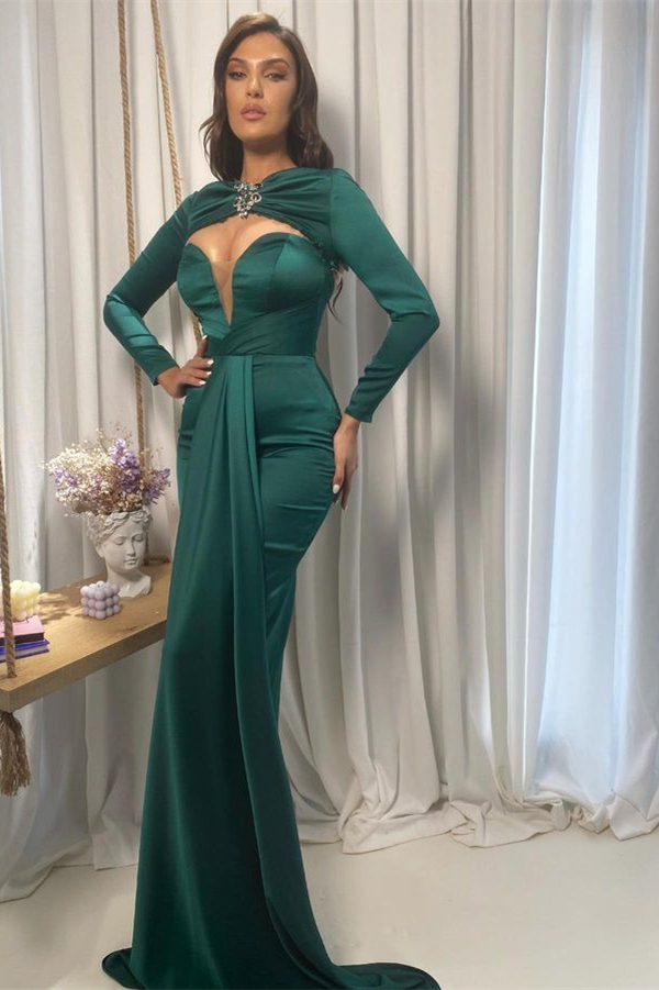 Emerald Green Long Sleeves V Neck Long Formal Dress With Ruffles