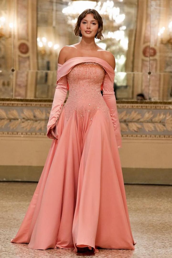 Chic Off The Shoulder Long Sleeves Long Formal Dress With Beading