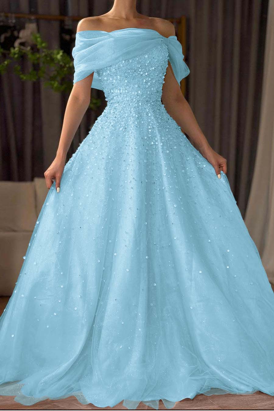 Off the Shoulder Sleeveless Long Formal Dress With Beading Tulle