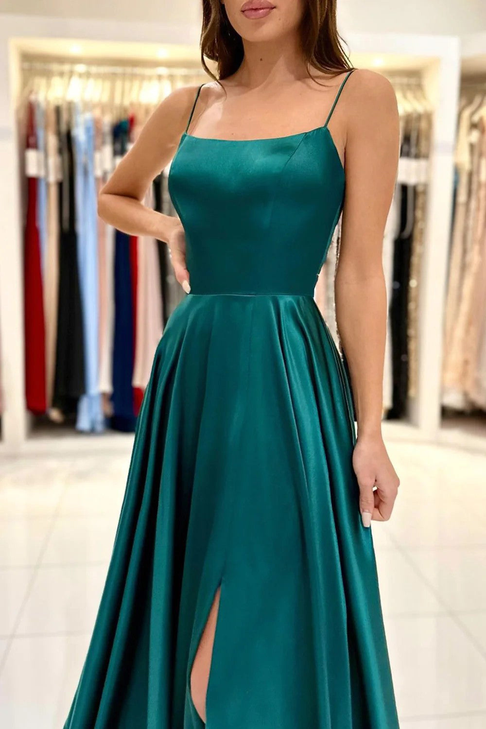Dark Green Backless Satin Prom Dress with Spaghetti Straps in A-Line