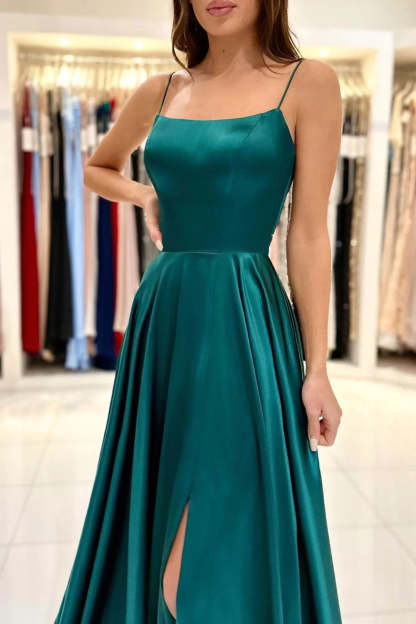 Dark Green Backless Satin Prom Dress with Spaghetti Straps in A-Line