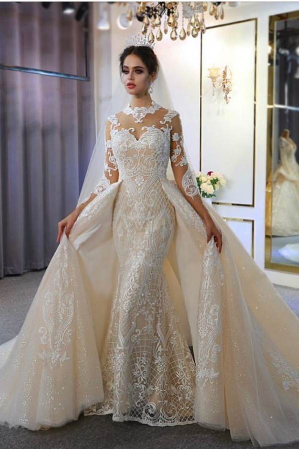 Classic Floor-Length A-Line Sweetheart Long Sleeves Wedding Dress with Appliques Lace