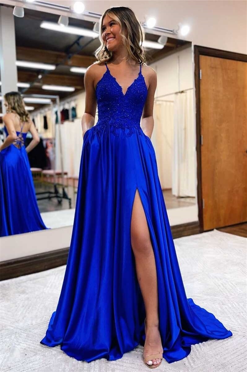 Gorgeous Royal Blue Sweetheart Spaghetti Straps Slit Evening Dress With Appliques