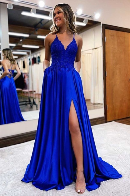 Gorgeous Royal Blue Sweetheart Spaghetti Straps Slit Evening Dress With Appliques