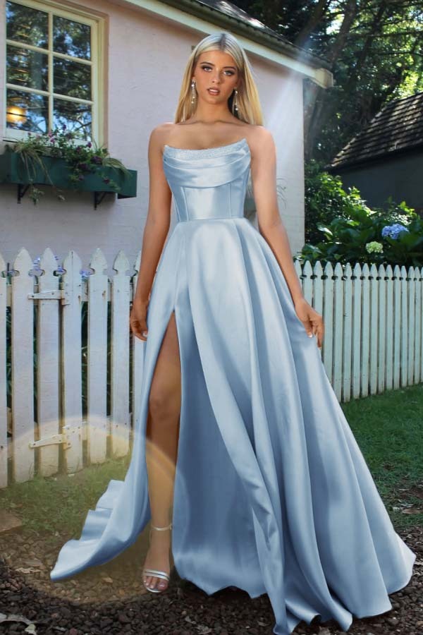 Strapless Sleeveless A Line Long Formal Dress With Split Pleated
