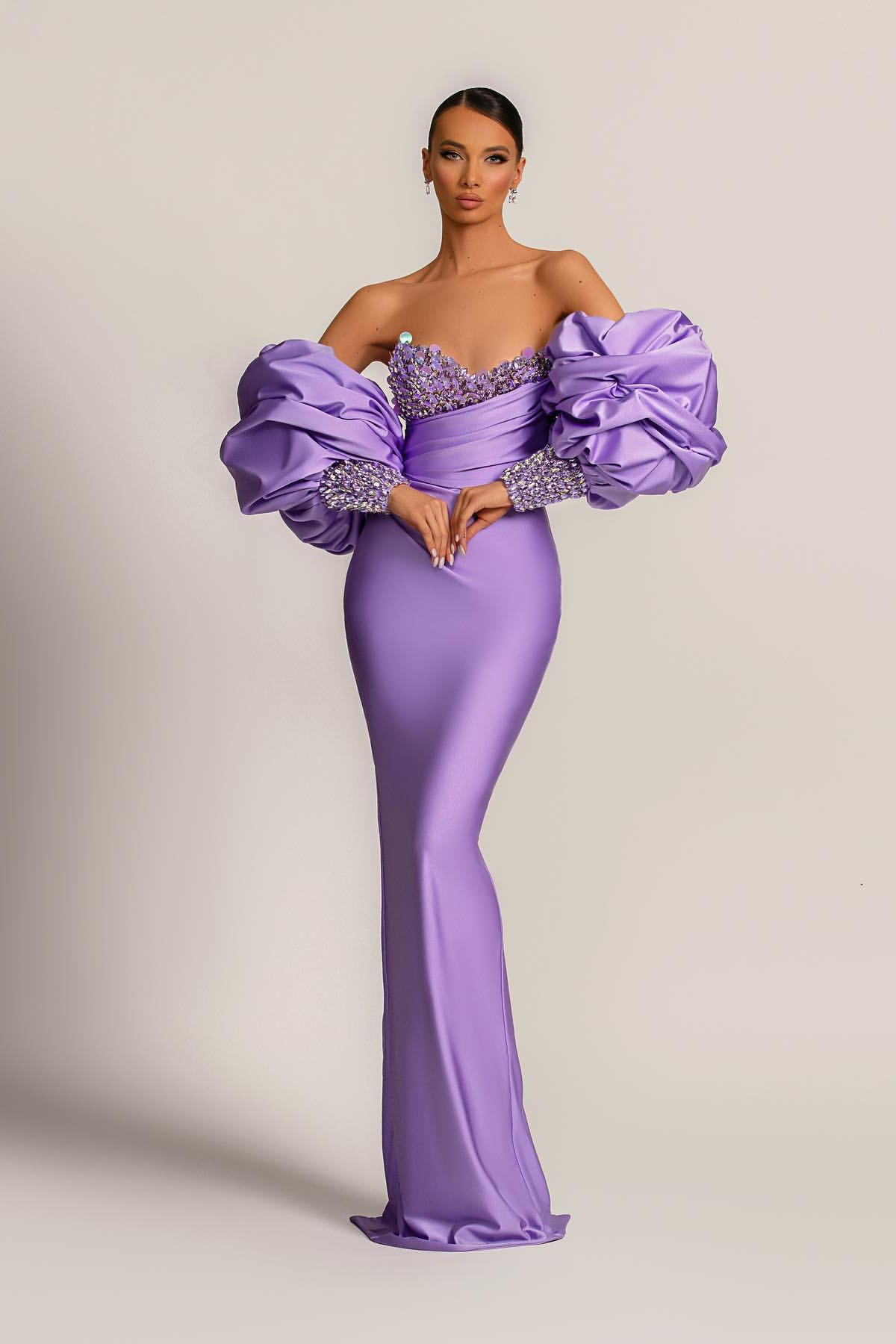 Charming Purple Strapless Mermaid Long Formal Dress With Appliques Puff Sleeves