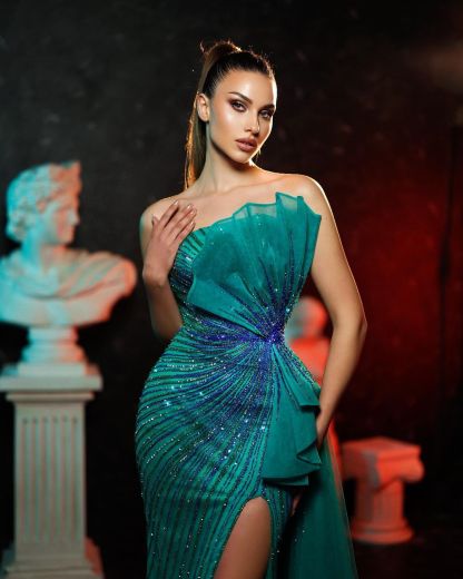 Tulle Sleeveless Shining Strapless Beading Front Split Formal Dress